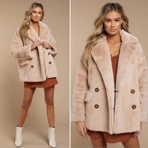 Free People Kate Faux Fur Double Breasted Teddy Coat Apricot Sz XS